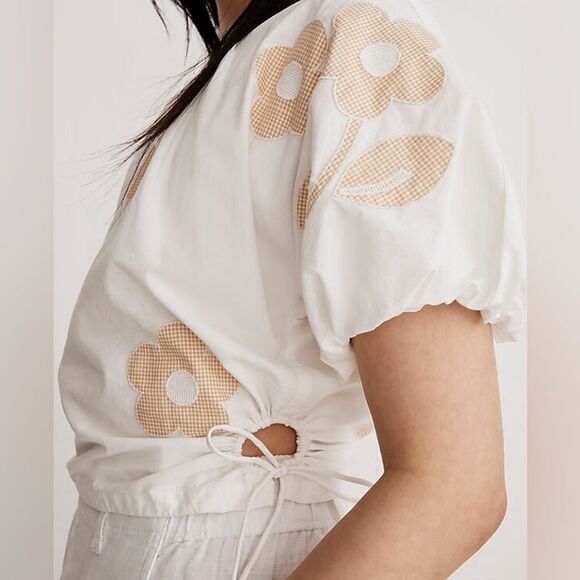 NWT Madewell Embroidered Poplin Puff-Sleeve Cutout Crop Top Eyelet White Floral - Picture 4 of 9
